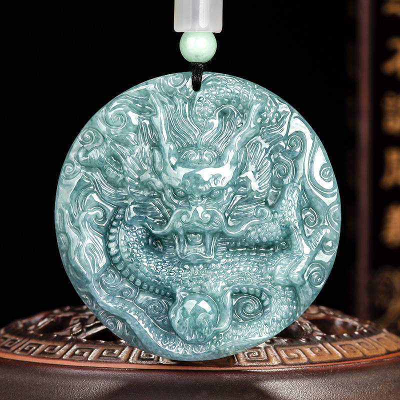Real Grade A Natural Blue Jade Jadeite Men Women Lucky Circle Dragon with Pearl Symbol Double Sided Pendant #10-1226