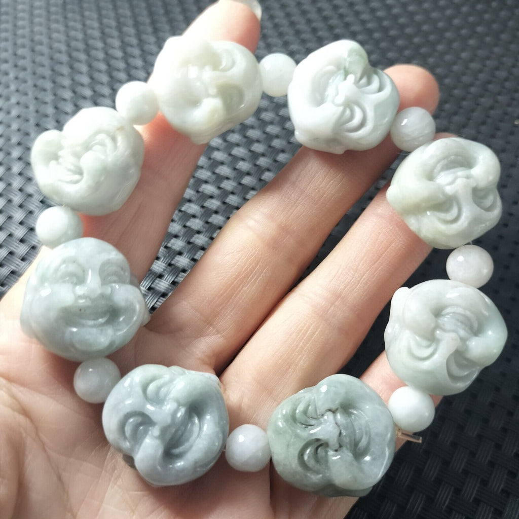 Certified Light Green Natural A Jadeite Carved Buddha Bead Stretchy Bracelet