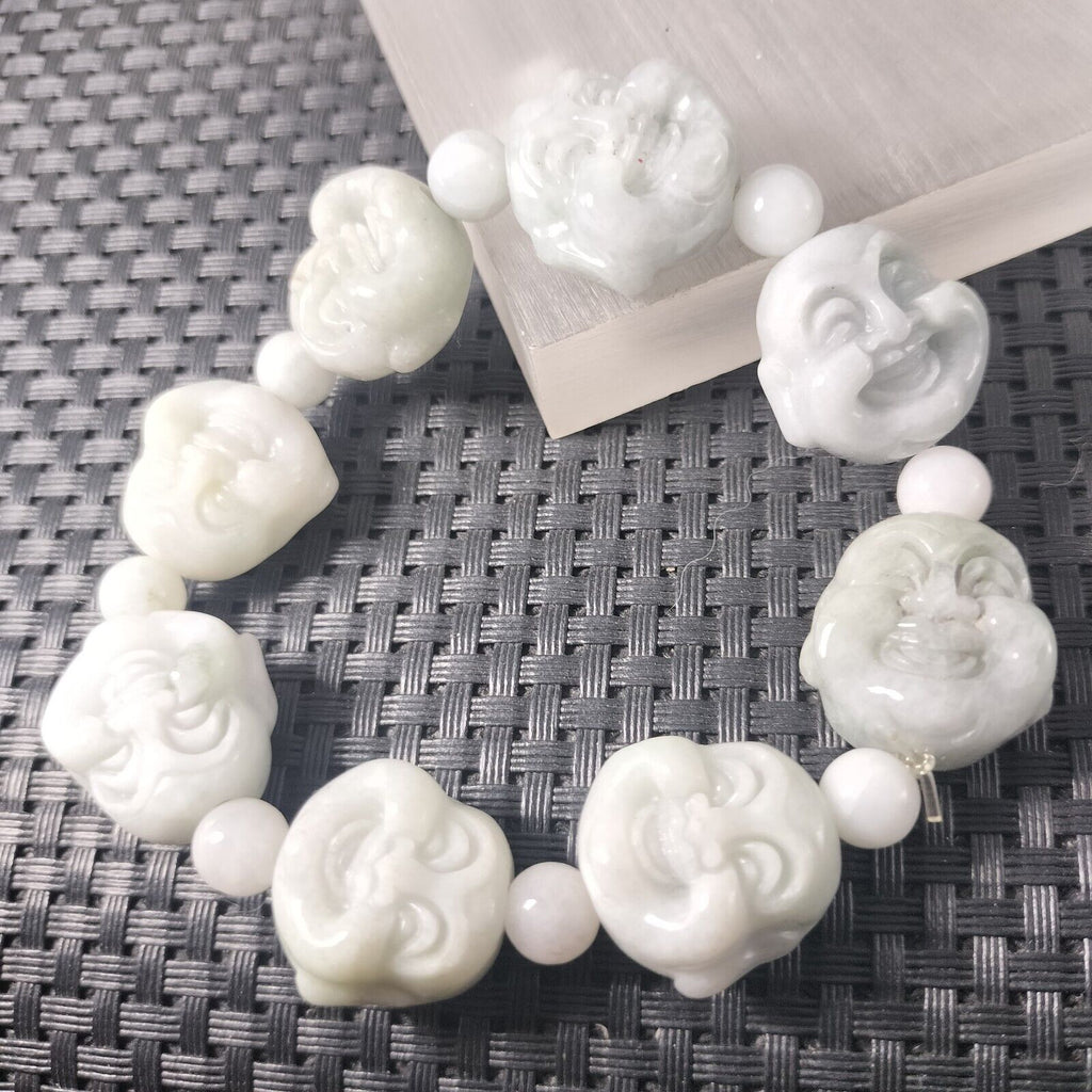 Certified Light Green Natural A Jadeite Carved Buddha Bead Stretchy Bracelet
