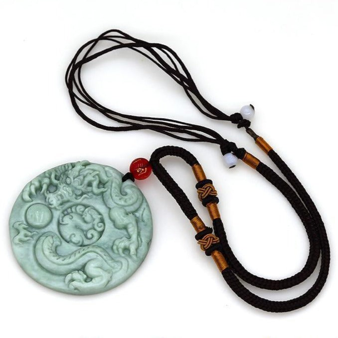 Jade Dragon Chasing the Flaming Pearl Pendant Necklace #119-1230