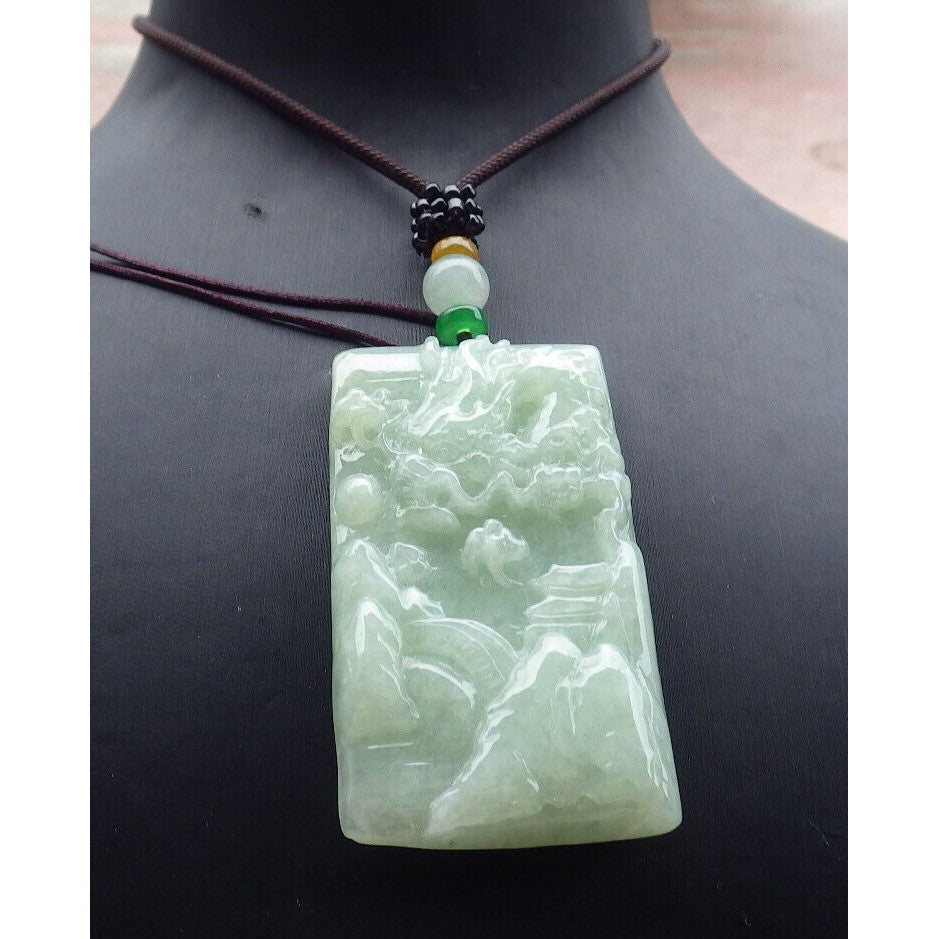 Certified A Jade Jadeite Pendant Heavenly Landscape Painting with Dragon Chasing the Flaming Pearl in the Sky 山水画 #28-1226