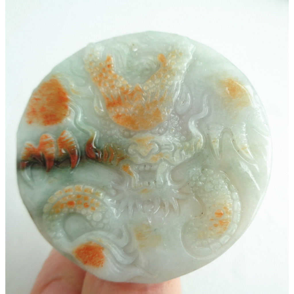 Certified Orange Green Natural A Jade Jadeite Carved Dragon Ruyi Pendant Necklace