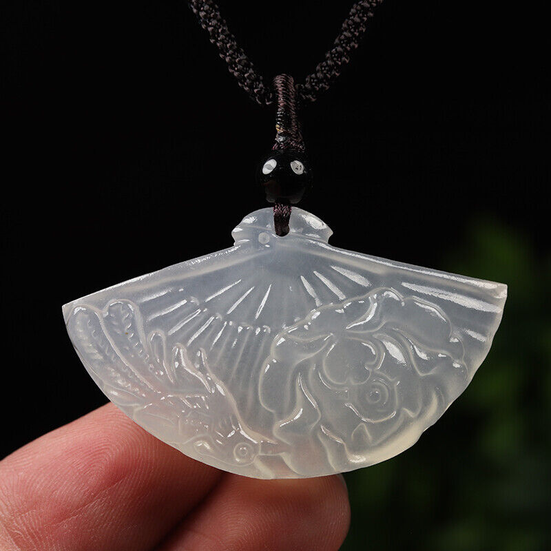 100% Natural White Jade Pendant Calcite Hand-carved Fan Flower Bird