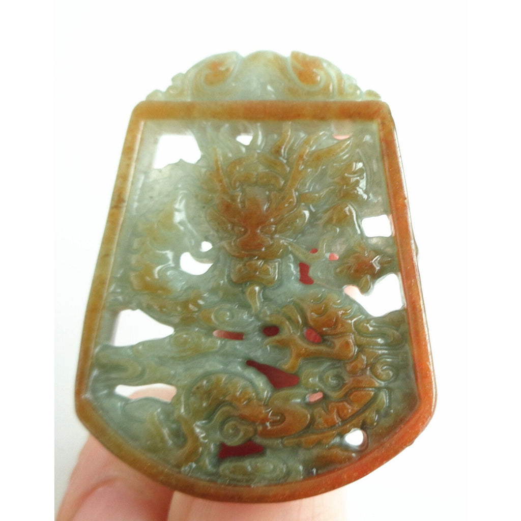 Certified Orange Green A Jade Jadeite Carved Hollowed Out Dragon Ruyi Pendant