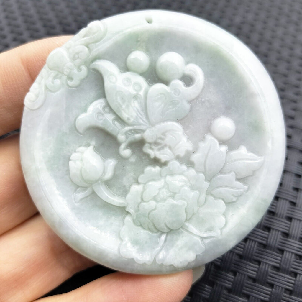Certified Lavender Natural Type A Jade Jadeite Carved Butterfly with a Peony Flower Pendant #8-1226