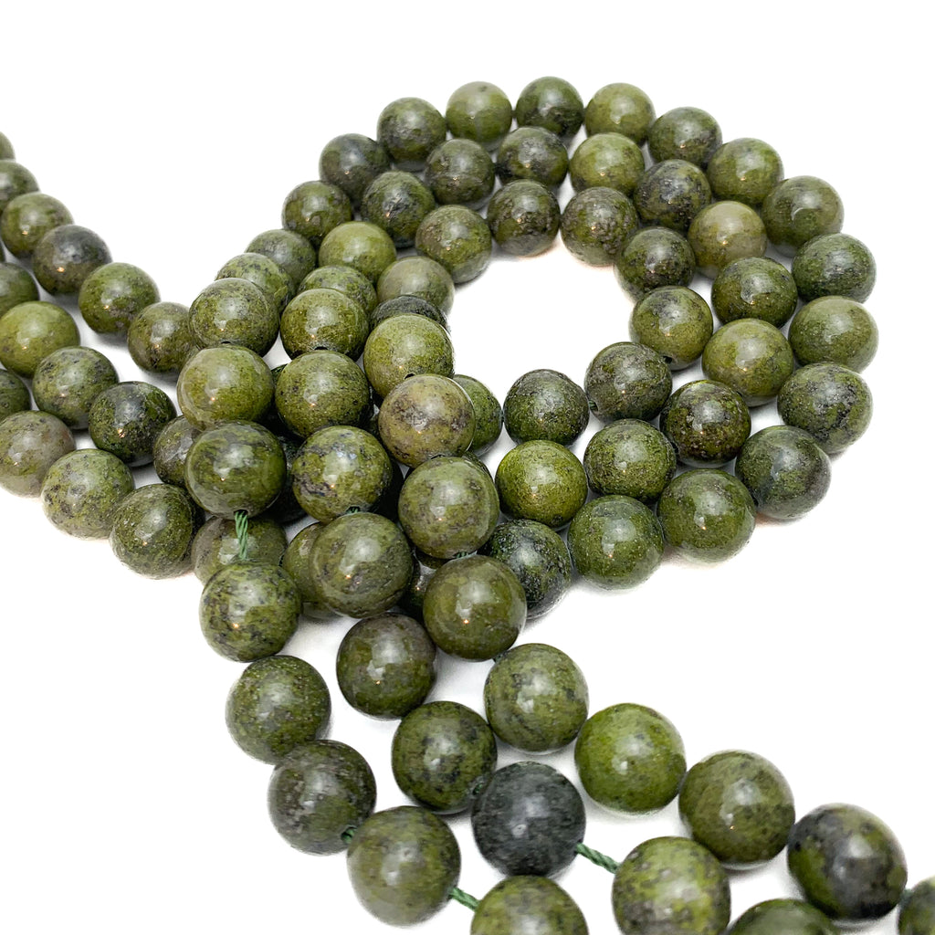 Jade with Pyrite Inclusions 10mm Smooth Rounds Bead Strand