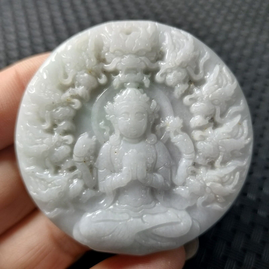 Certified Lavender Natural A Jadeite Carved Guanyin Kwan Yin God Dragons Pendant