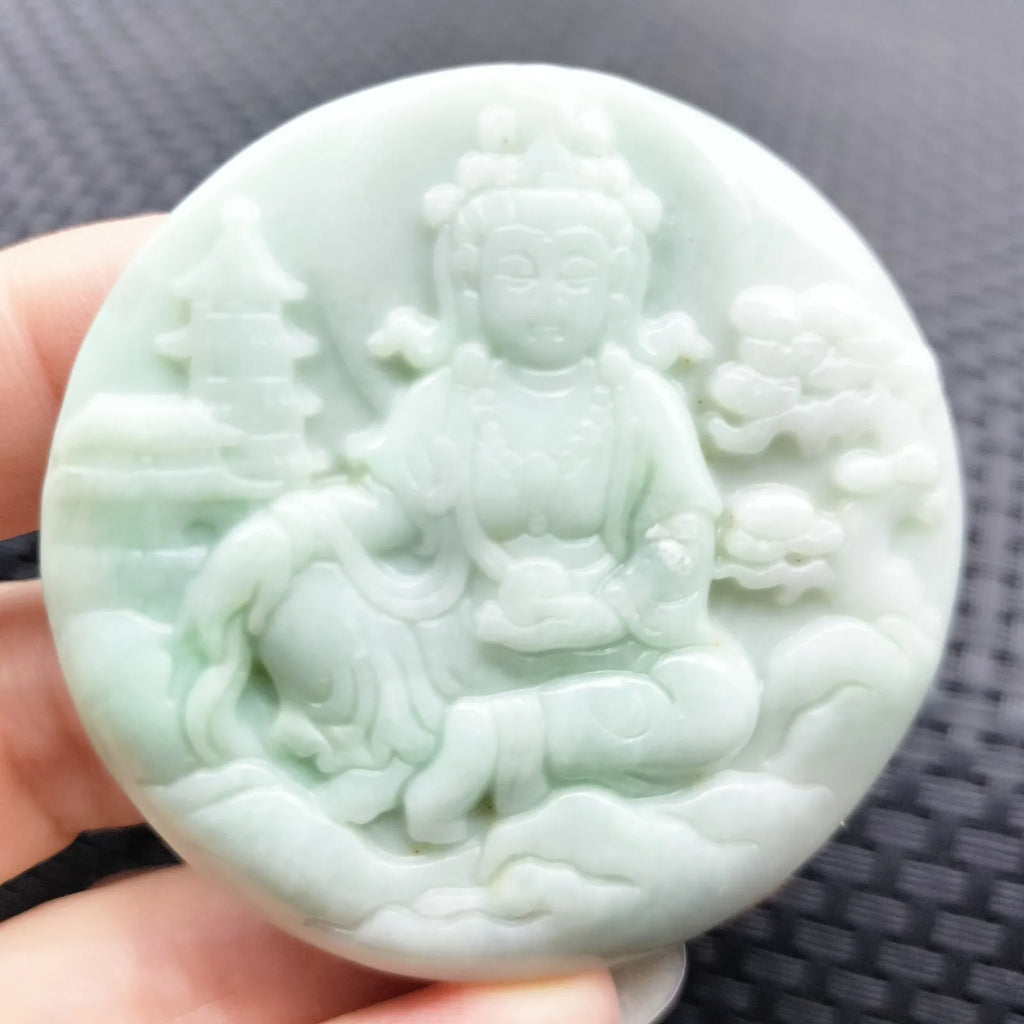 Certified Light Green Natural A Jadeite Carved Guanyin Kwan Yin God Pendant