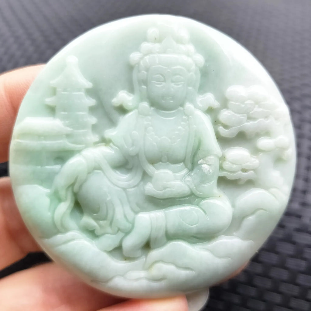 Certified Light Green Natural A Jadeite Carved Guanyin Kwan Yin God Pendant