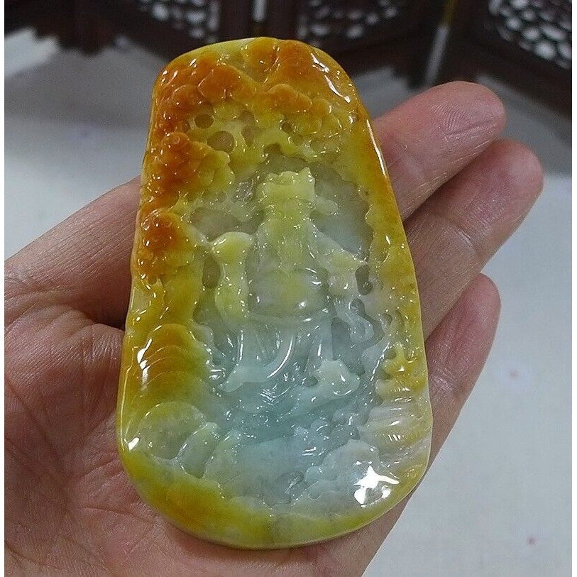 Cert'd Natural Type A Yellow Jadeite Jade Landscape Fortune God Big Pendant