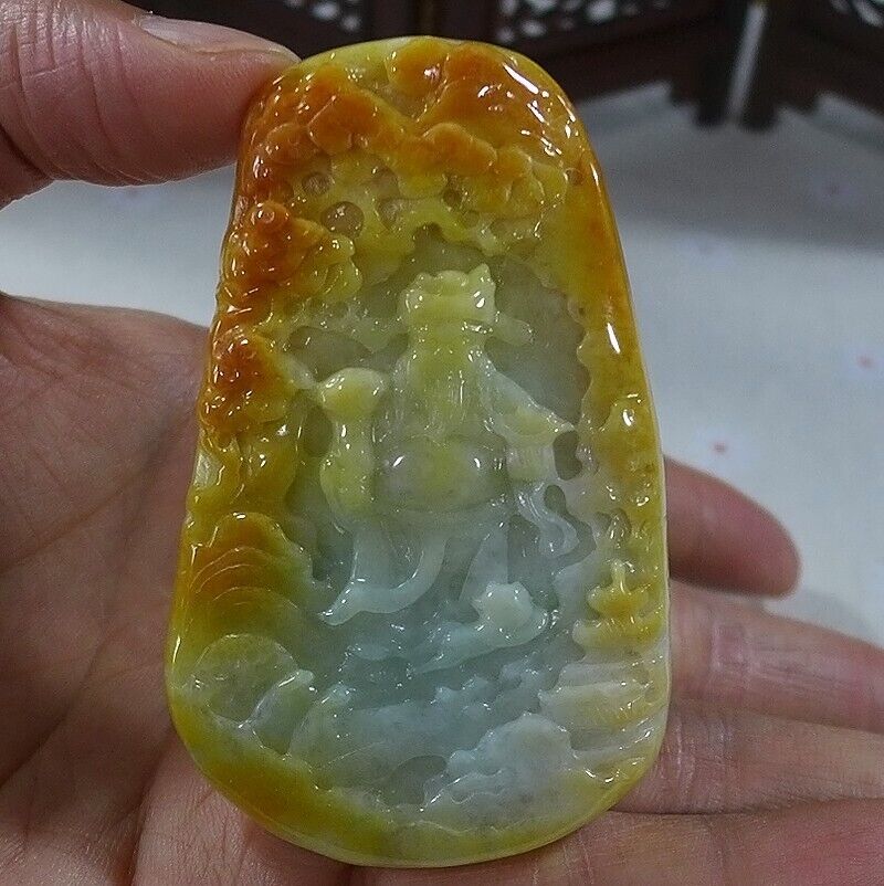 Cert'd Natural Type A Yellow Jadeite Jade Landscape Fortune God Big Pendant