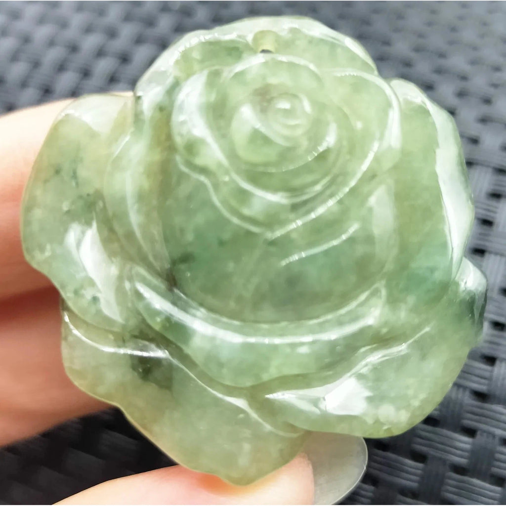 Certified Icy Green Burma Natural Type A Jade Jadeite Carved Rose Flower Pendant