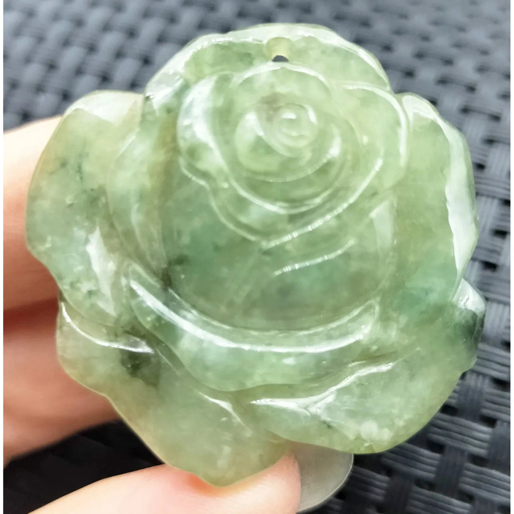 Certified Icy Green Burma Natural Type A Jade Jadeite Carved Rose Flower Pendant