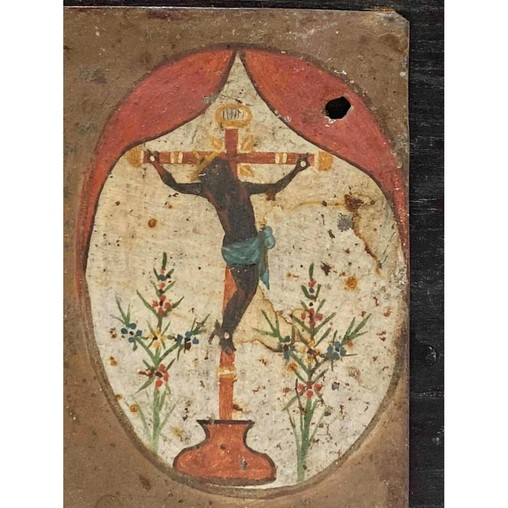 Cristo Negro / Christ of Esquipulas Spanish Colonial Mexican Tin Painted Retablo Ex Voto