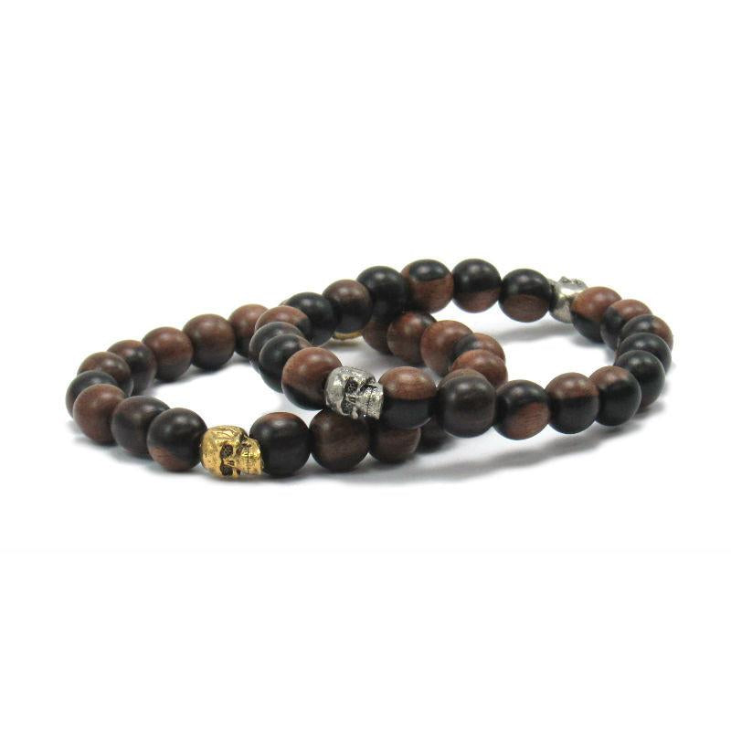 Robles Wood Stretch Bracelet with Metal Skull Beads