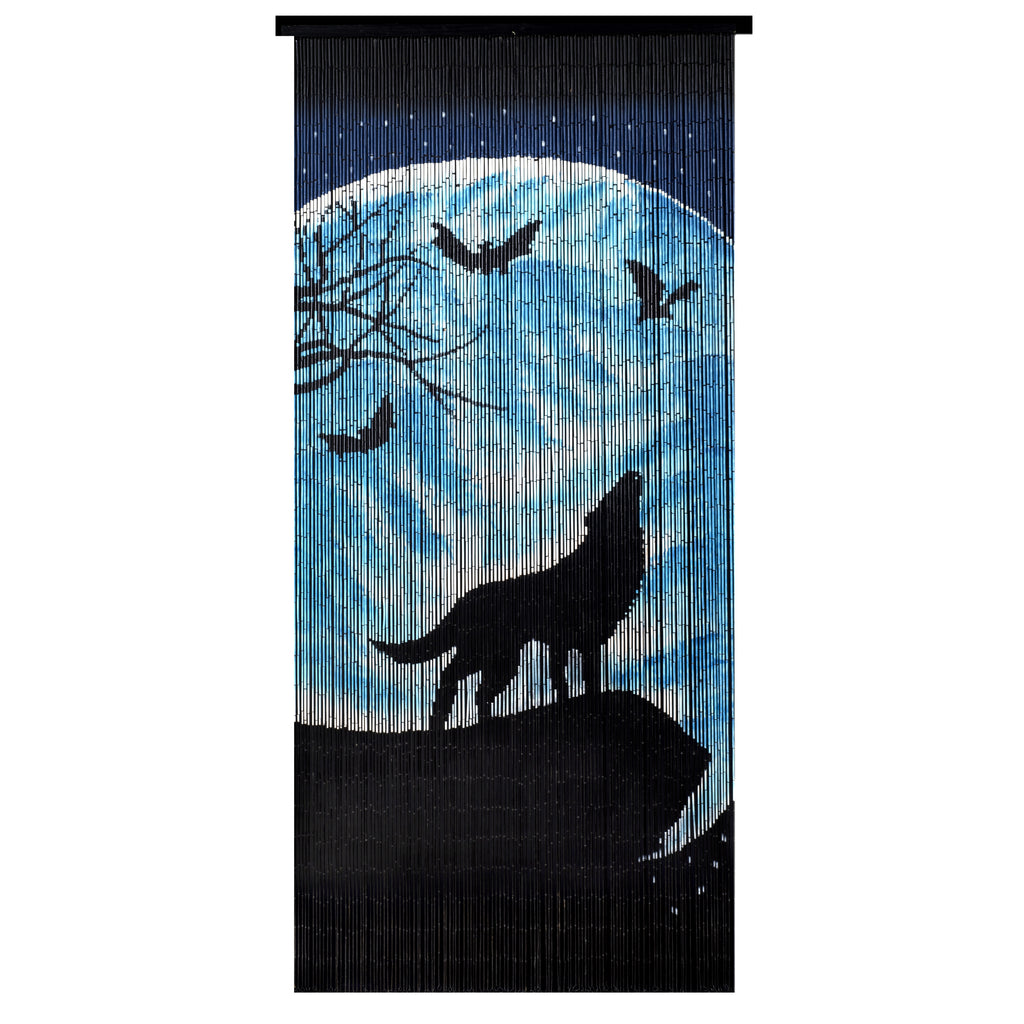 Bamboo Beaded Curtain Hand Painted - Lone Wolf Howling at The Moon