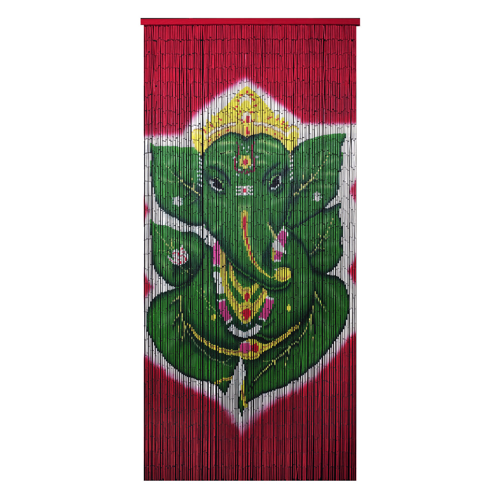 Bamboo Beaded Curtain Hand Painted - Green Leaf Ganesha