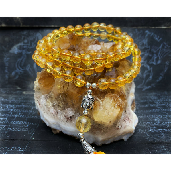 Citrine 8mm Knotted Mala with Buddha Bead and Silk Tassel #109
