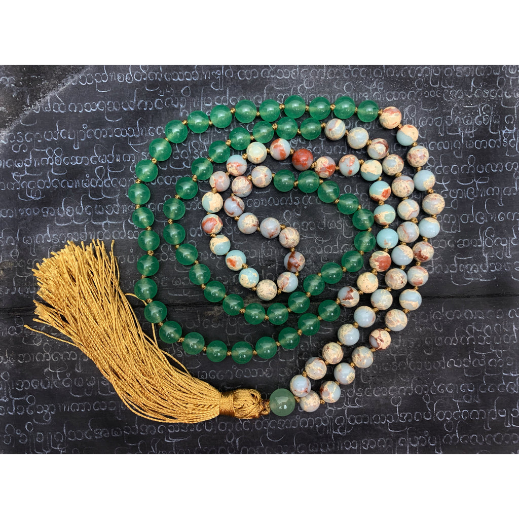 African Opal with Green Aventurine 8mm Knotted Mala with Silk Tassel #114