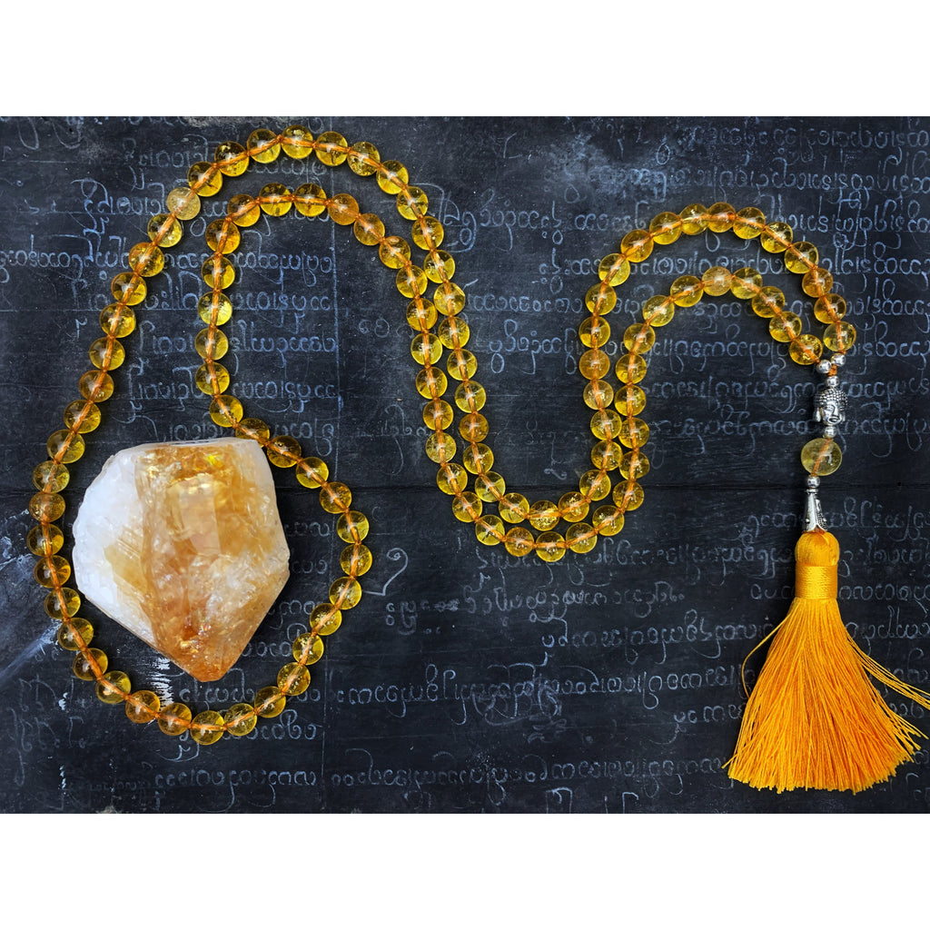 Citrine 8mm Knotted Mala with Buddha Bead and Silk Tassel #109