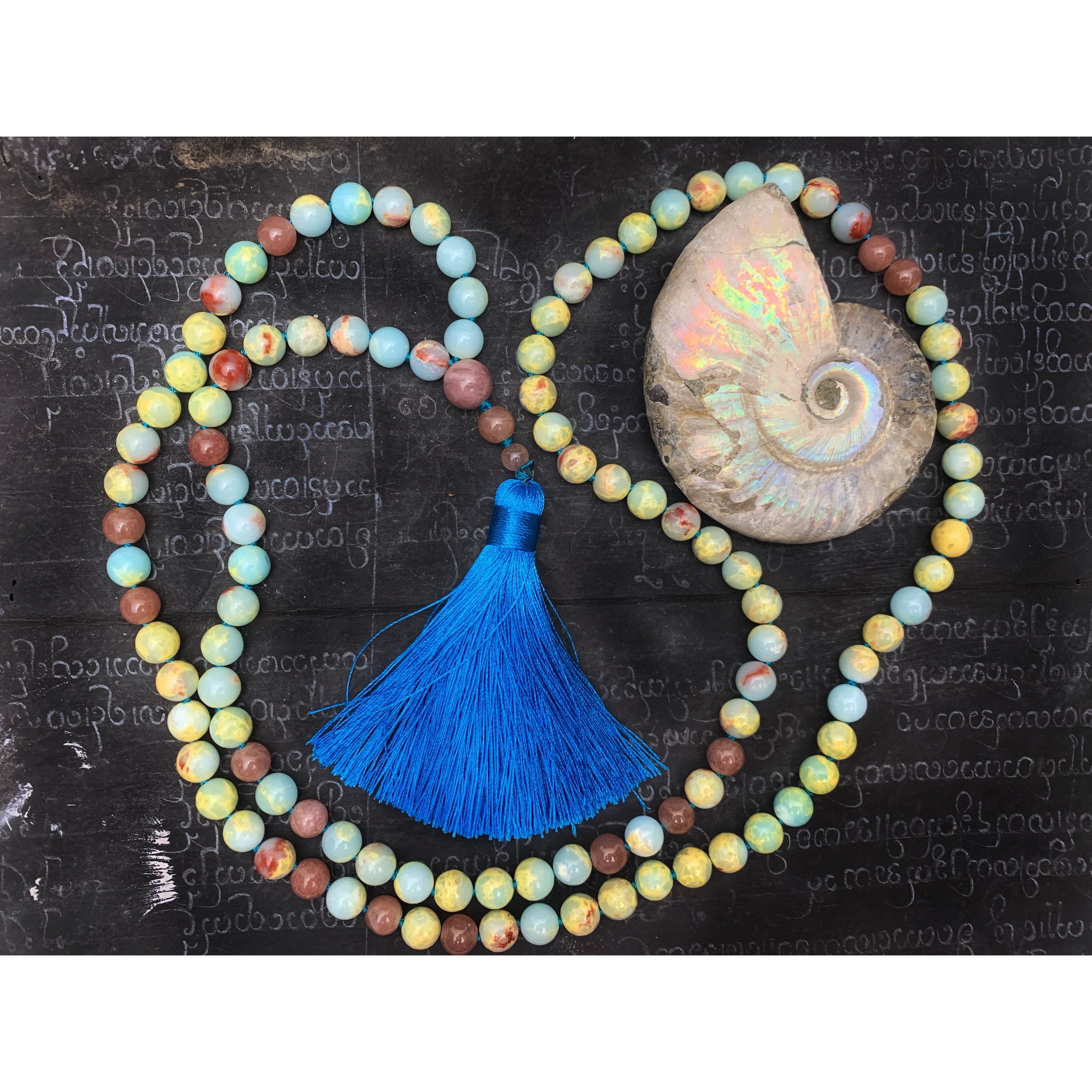 Skull Resin Bead Necklace Mala Hand-Knotted with Colored Silk