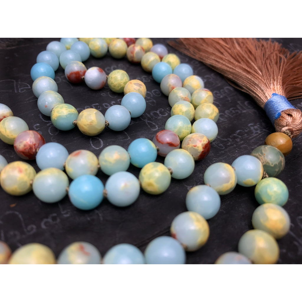 African Opal 8mm Knotted Mala with Silk Tassel #117