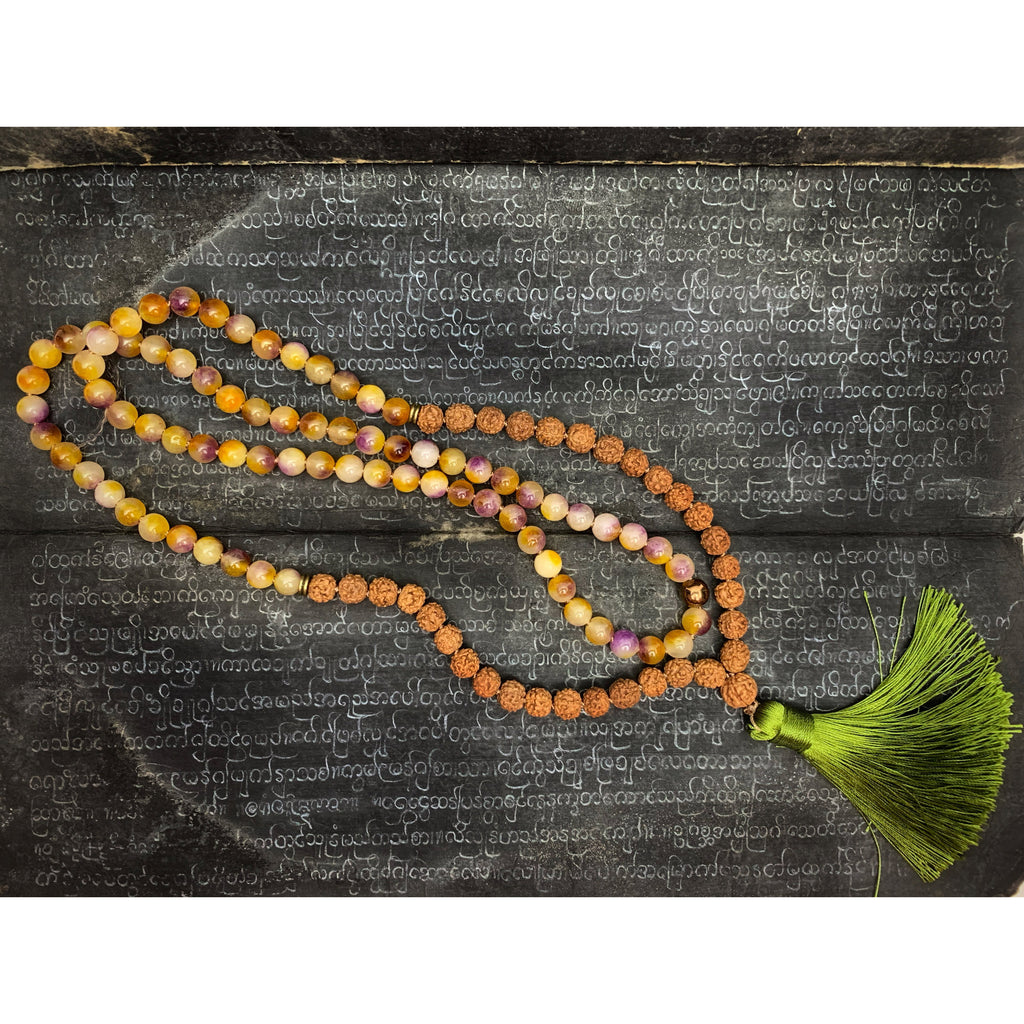 Rudraksha with Colored Jade 8mm Knotted Mala with Silk Tassel #112