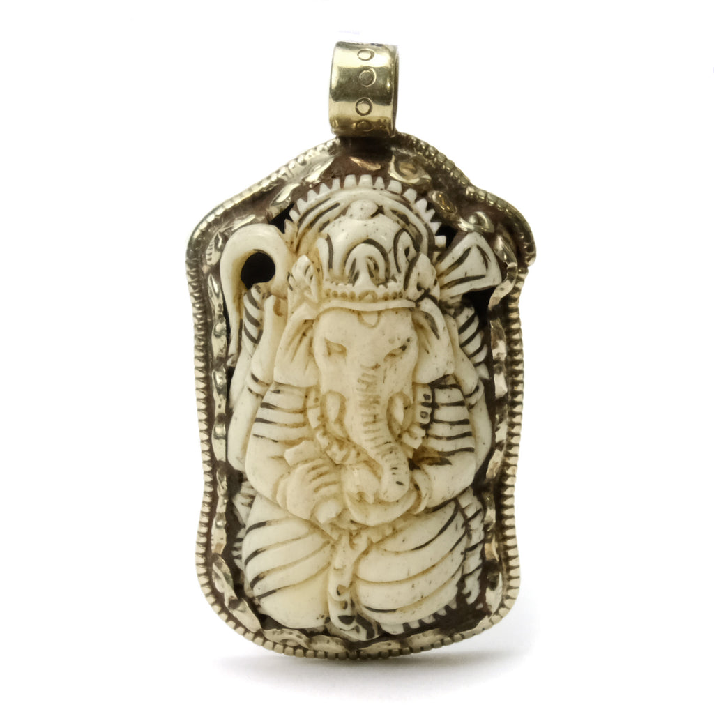 Lord Ganesha Remover of Life's Obstacles Bone Pendant Set in White Brass Framed