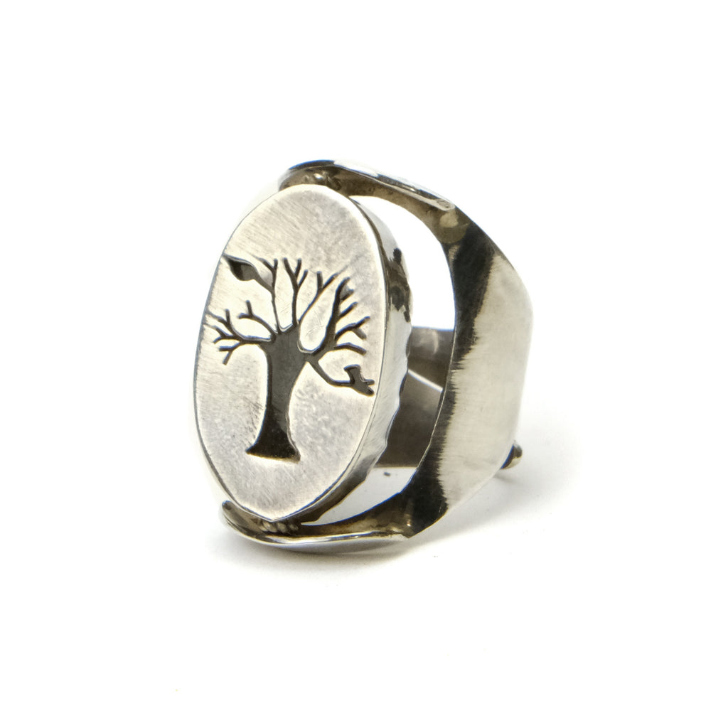 Tree of Life Sterling Silver Flipper Ring with Fine Labradorite Cabochon