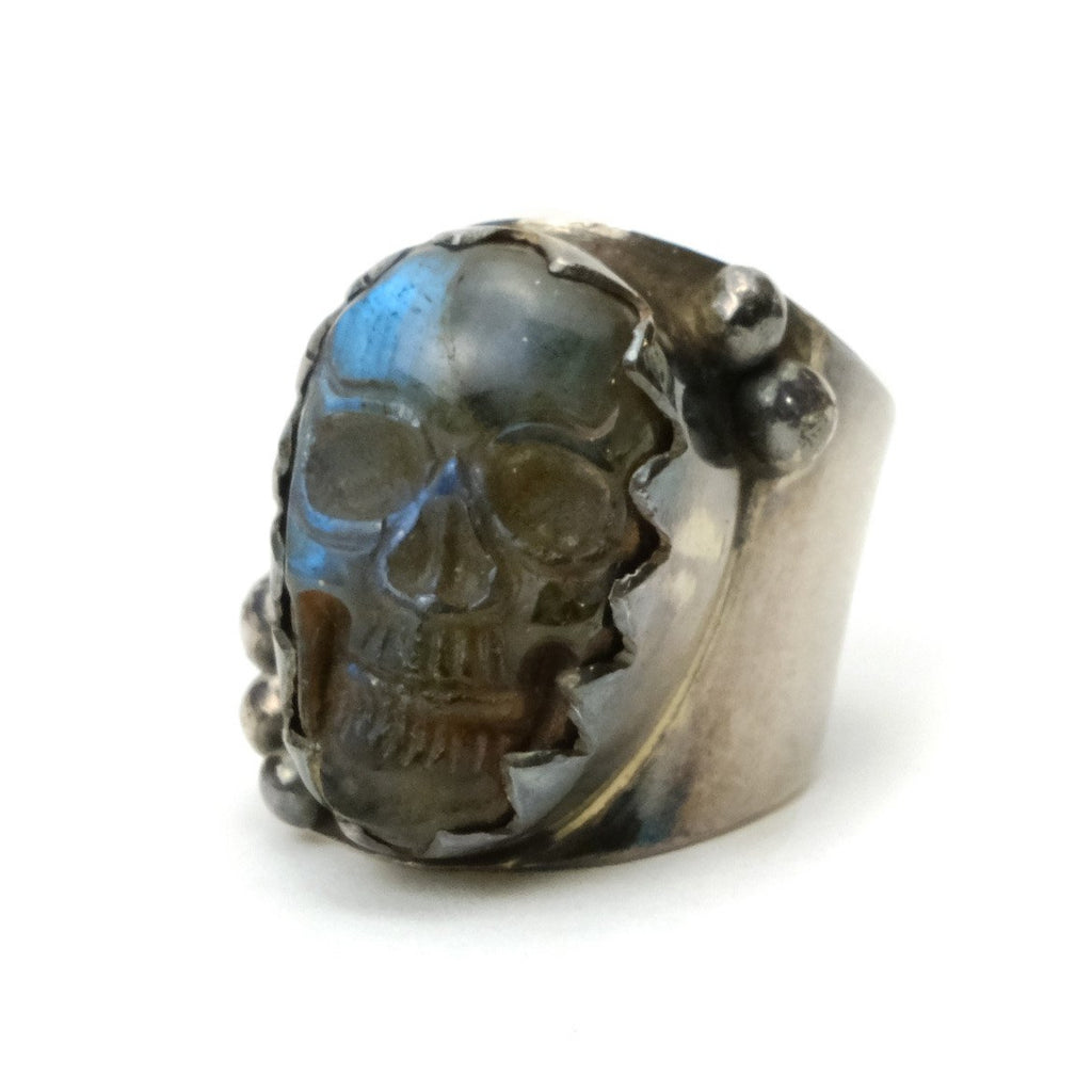 Labradorite Memento Mori Finely Carved Skull Cabochon in Sterling Silver 1