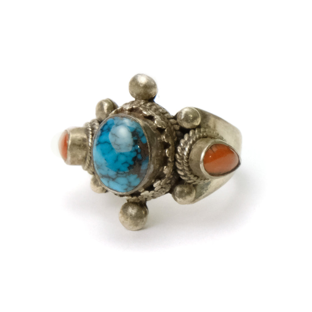 Turquoise and Coral in Sterling Silver Tibetan Style Adjustable Ring