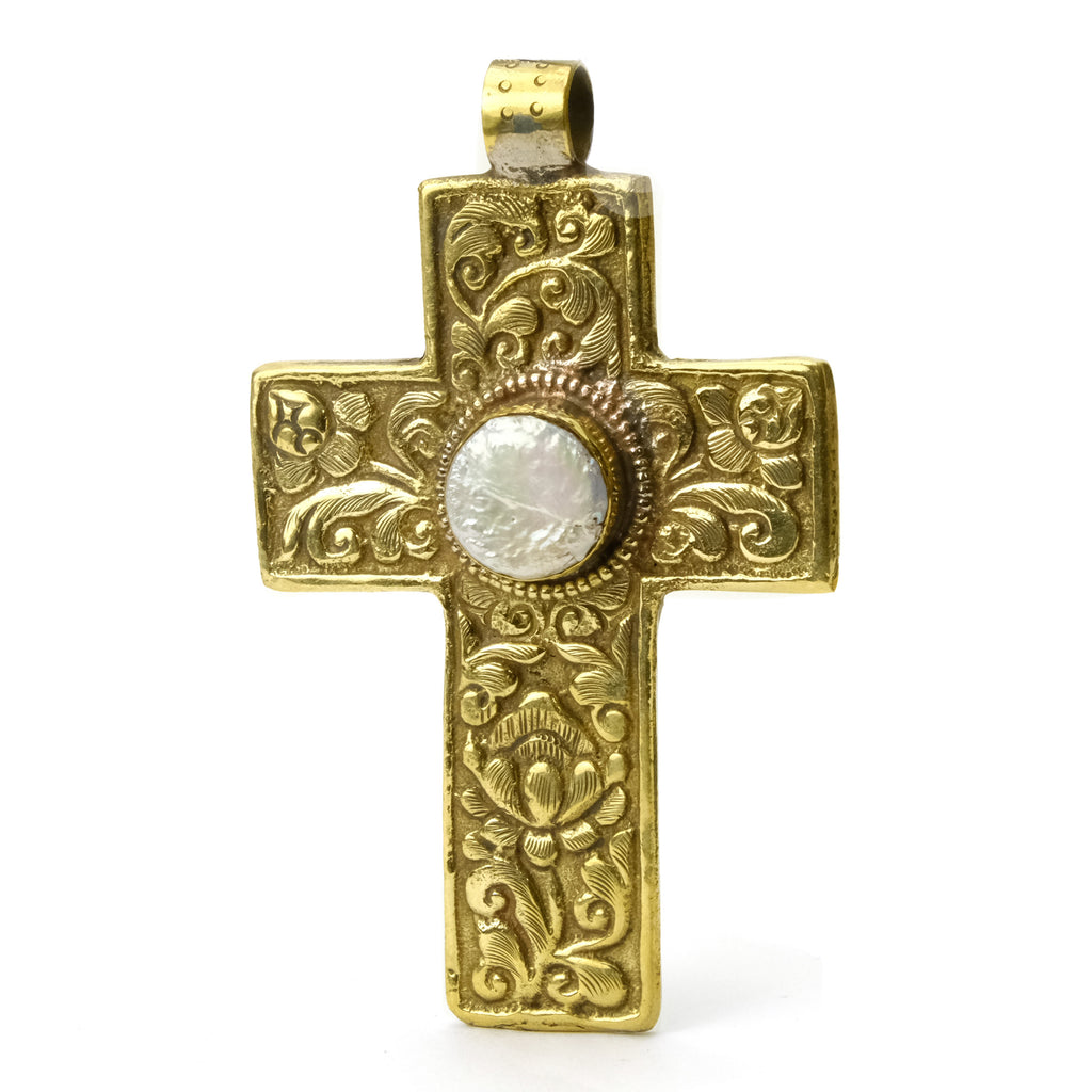 Cross with Inset Raw Pearl Coin in Gold Brass Frame # 57 -2