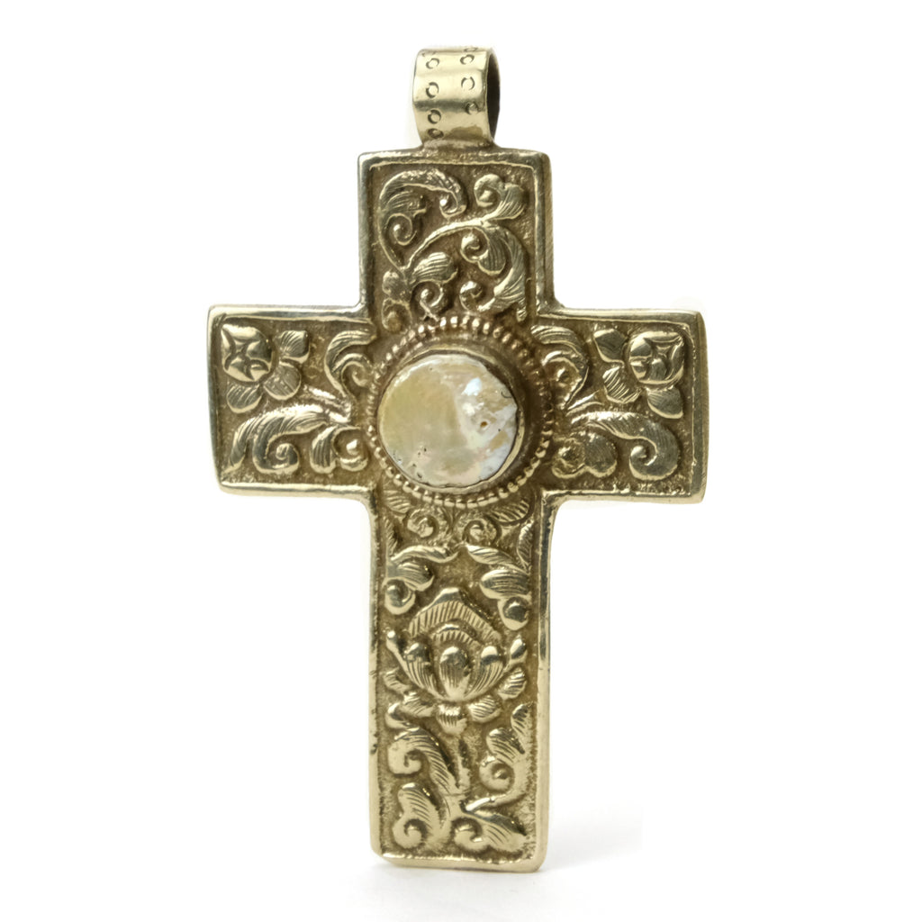 Cross with Inset Raw Pearl Coin in White Brass Frame # 57 -1