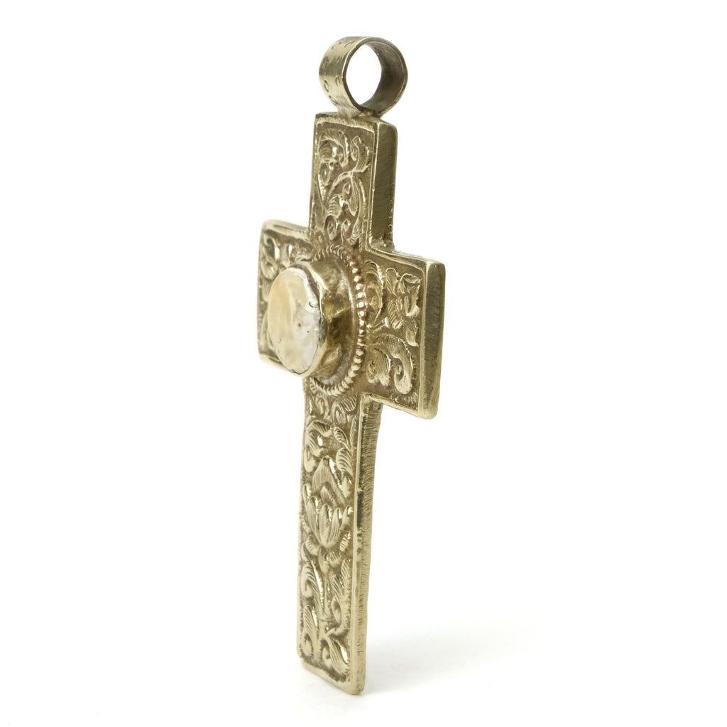 Cross with Inset Raw Pearl Coin in White Brass Frame # 57 -1
