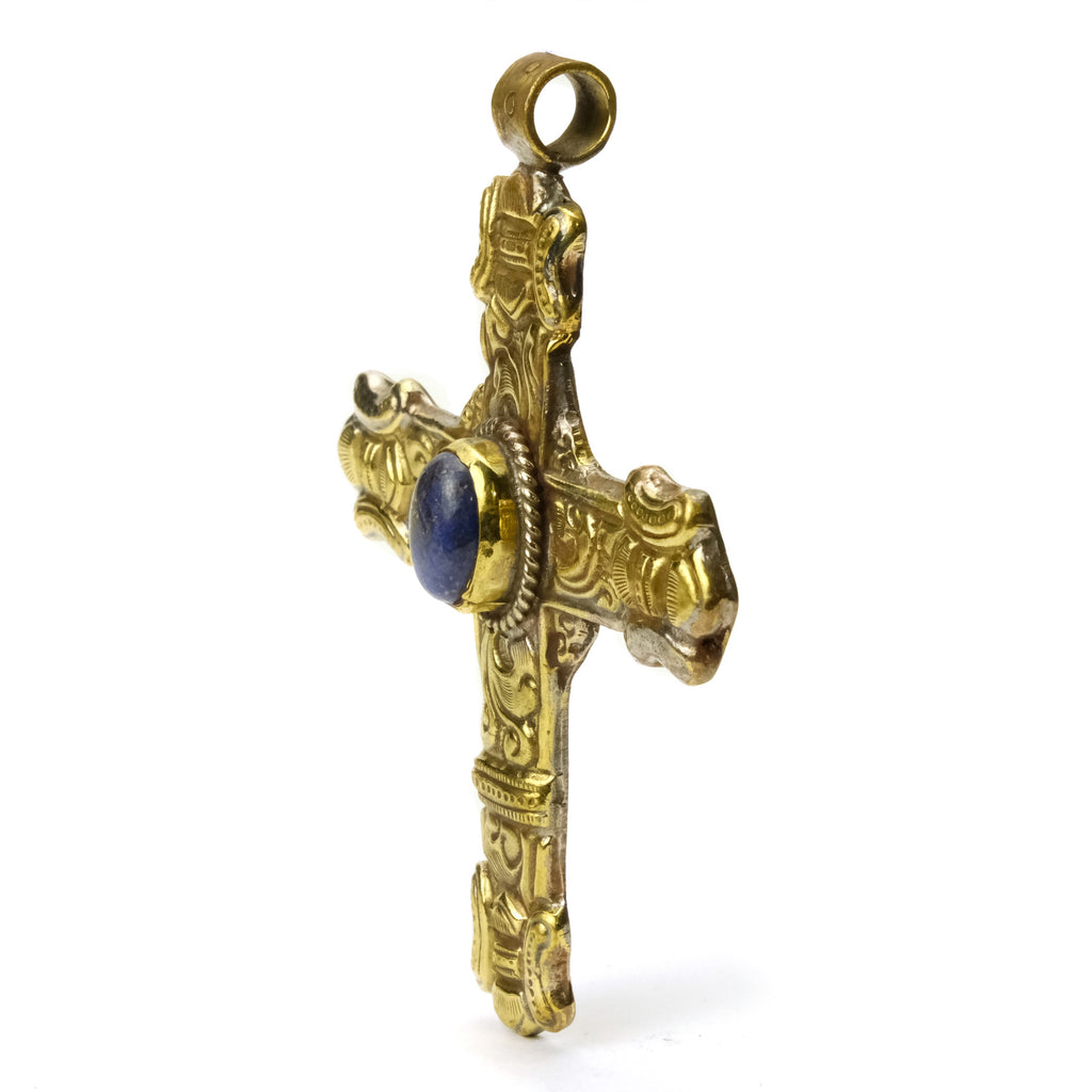 Cross Baroque Style with Lapis Lazuli Cabochon Pendant Gold Brass Large