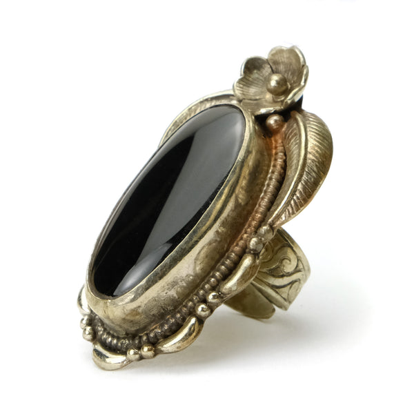 Black Onyx Smooth Oval Cabochon Sterling Silver Adjustable Ring Large