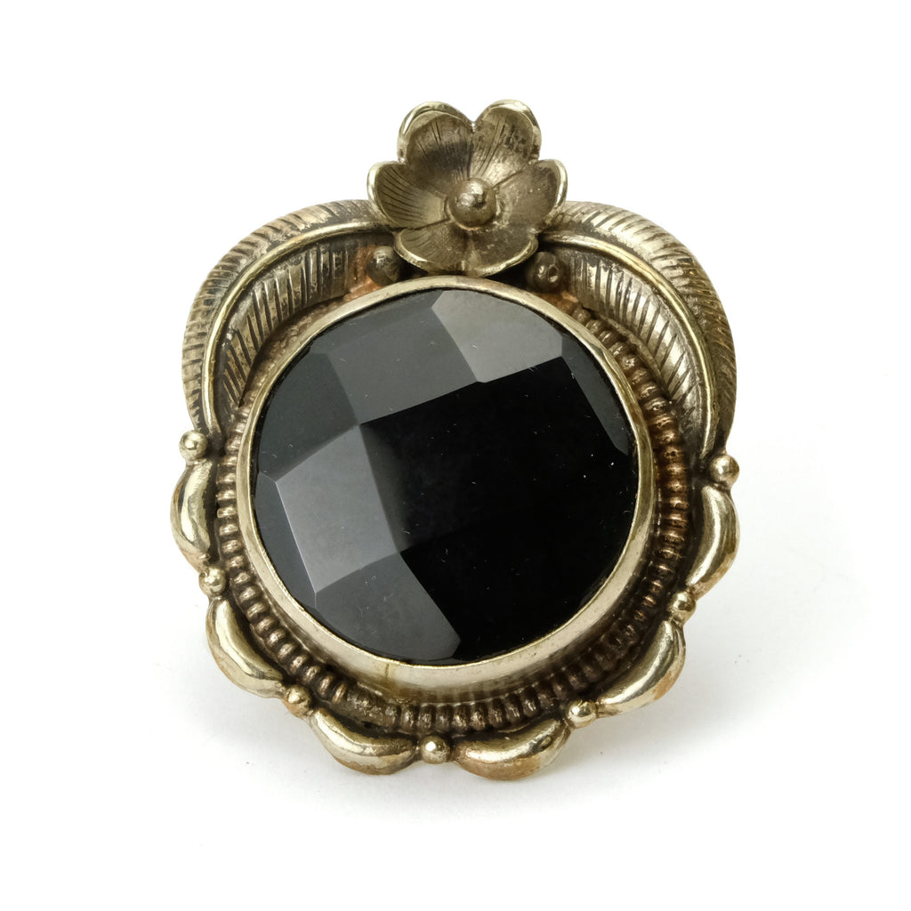 Black Onyx Faceted Cabochon Sterling Silver Adjustable Ring Large