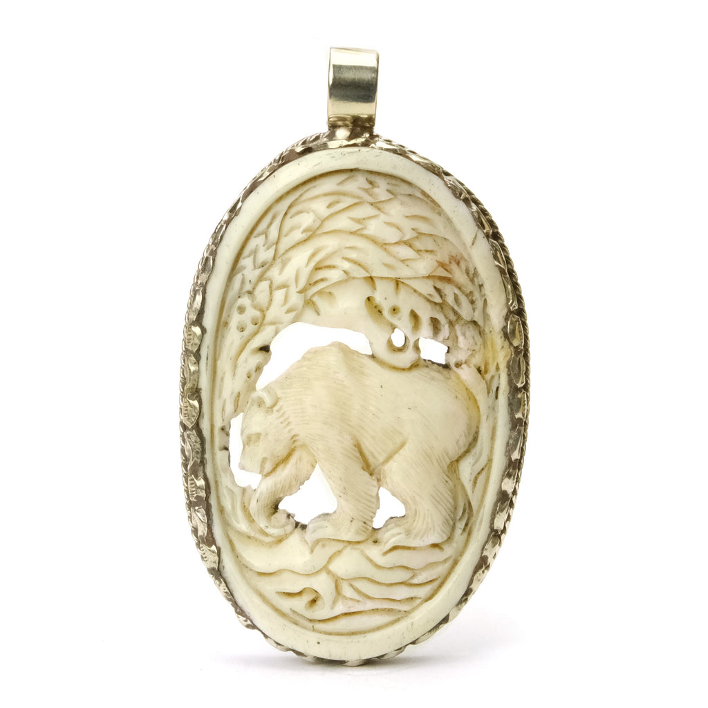 Bear Forest Foraging and Hunting Pendant in White Brass Frame
