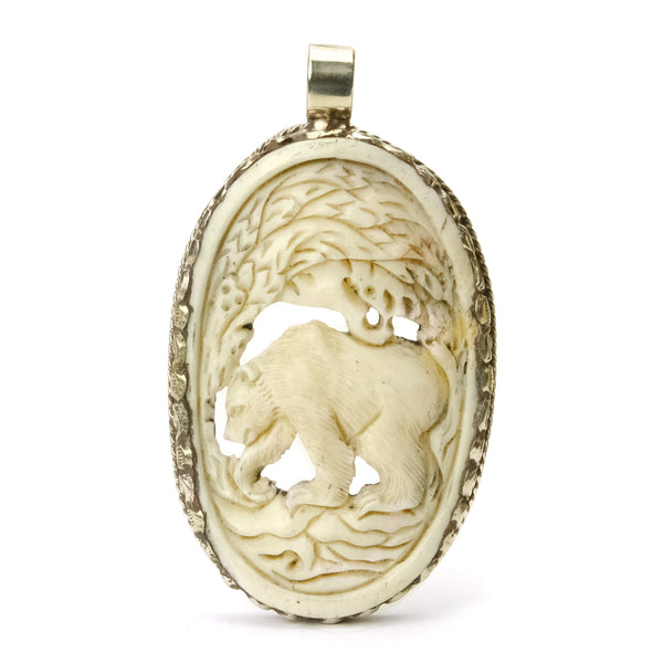 Bear Forest Foraging and Hunting Pendant in White Brass Frame