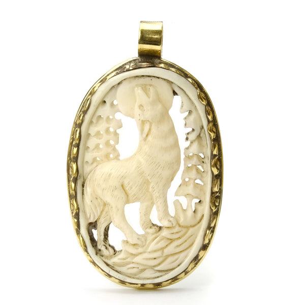 Wolf Howling at the Full Moon Pendant in Gold Brass Frame