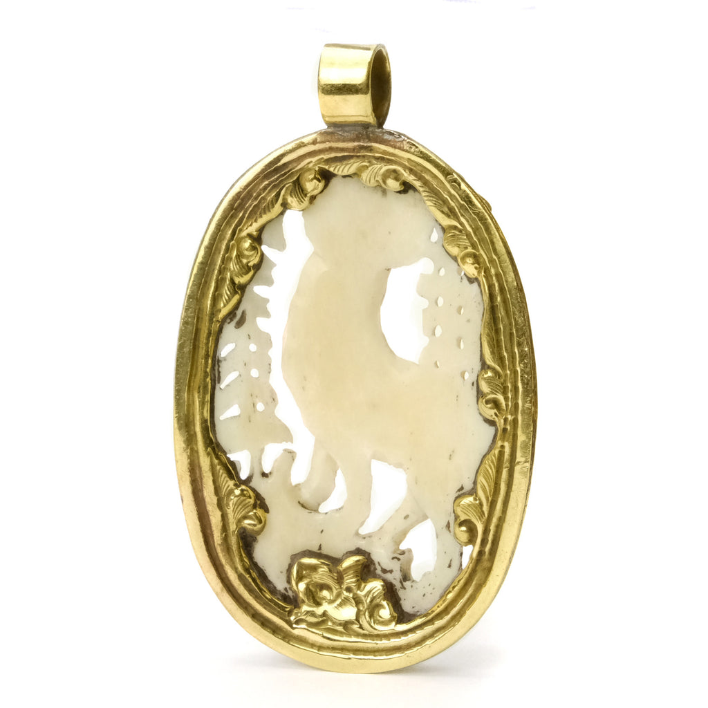 Wolf Howling at the Full Moon Pendant in Gold Brass Frame