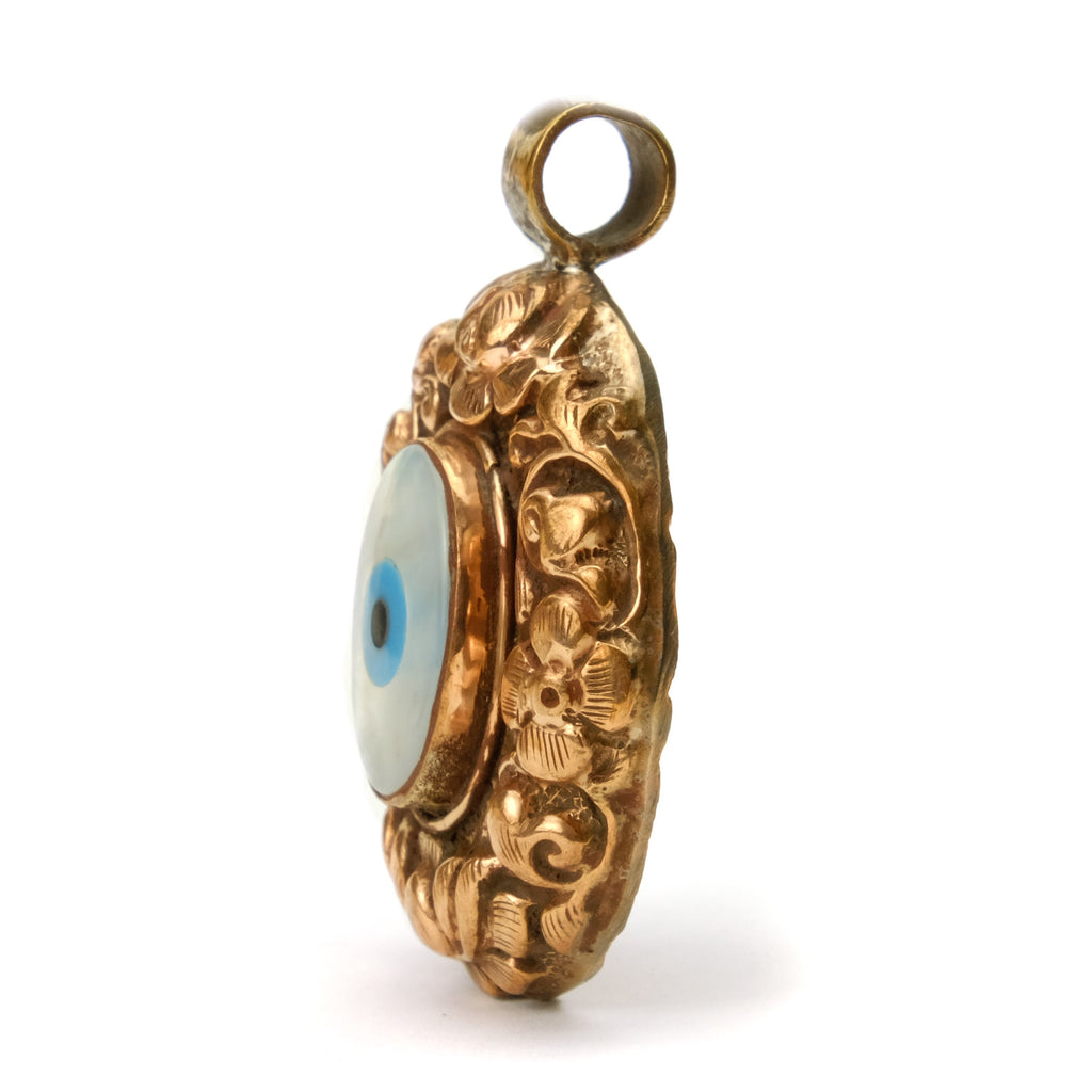 Mother of Pearl Blue Eye "Evil Eye" Set in Copper Oval Pendant # 55 - 1