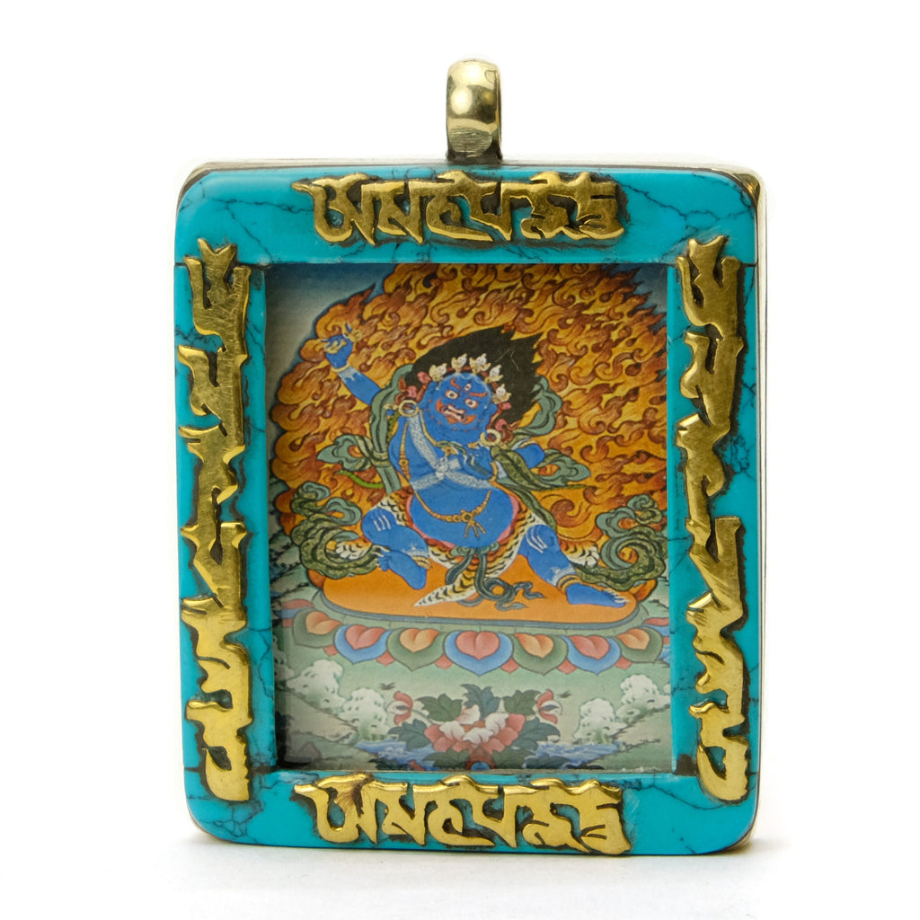 Tibetan Deity Vajrapani Pendant Blue Howlite Border with Ohm Mani Padme Ohm Verse # 43 - 7