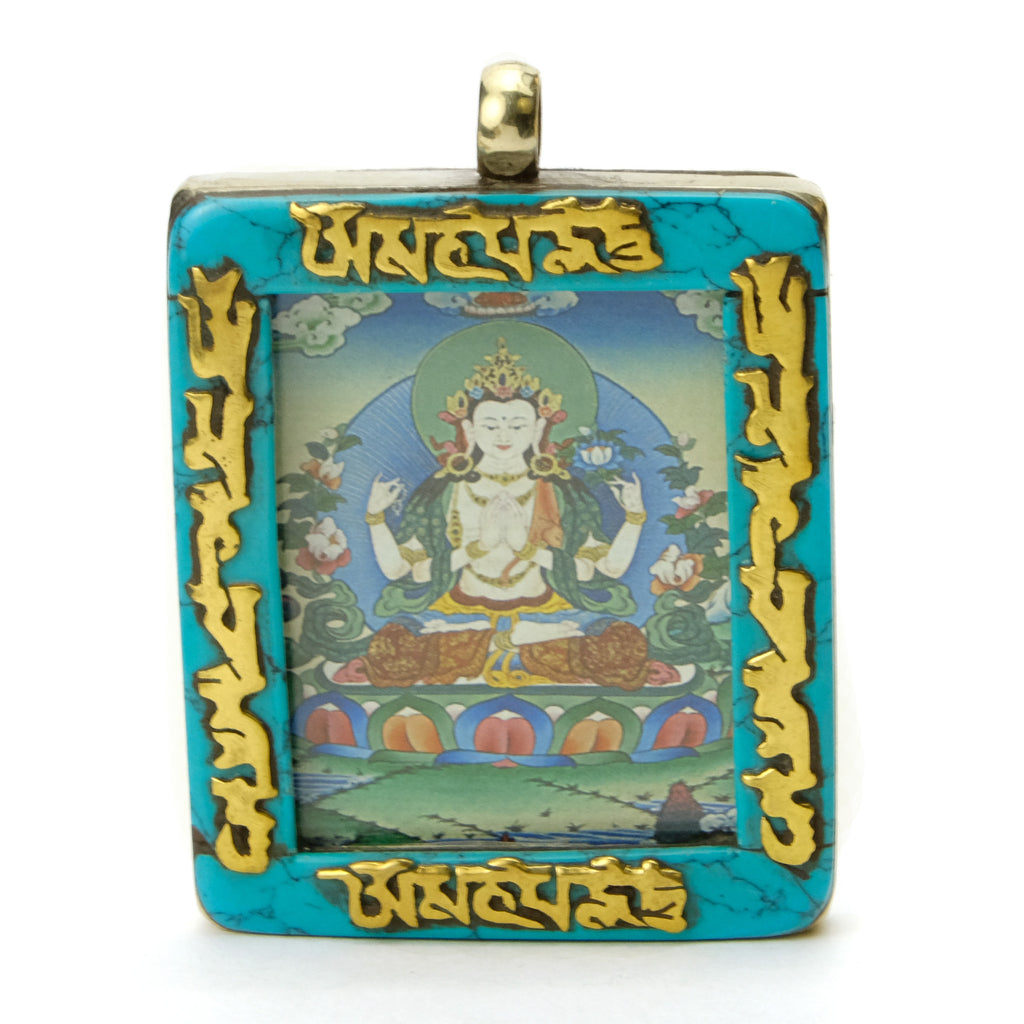 Tibetan Deity Chenrezig Pendant Blue Howlite Border with Ohm Mani Padme Ohm Verse # 43 - 1