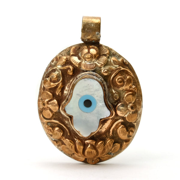 Hamsa with Evil Eye Mother of Pearl Copper Pendant # 55 - 2
