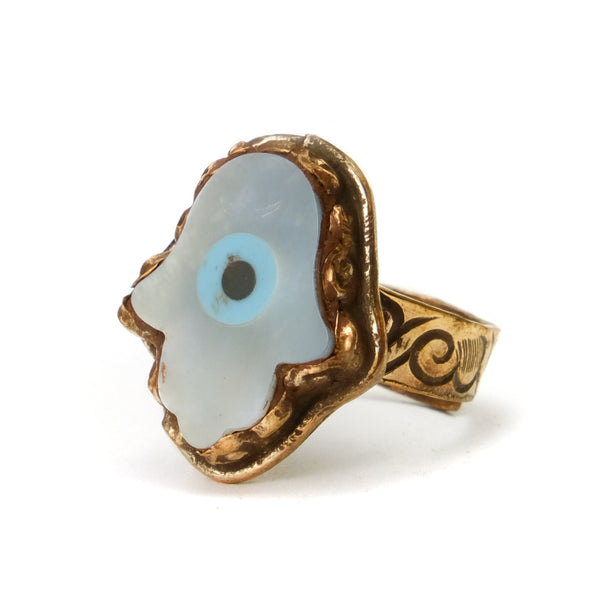 Hamsa with Evil Eye Mother of Pearl Adjustable Copper Ring # 34