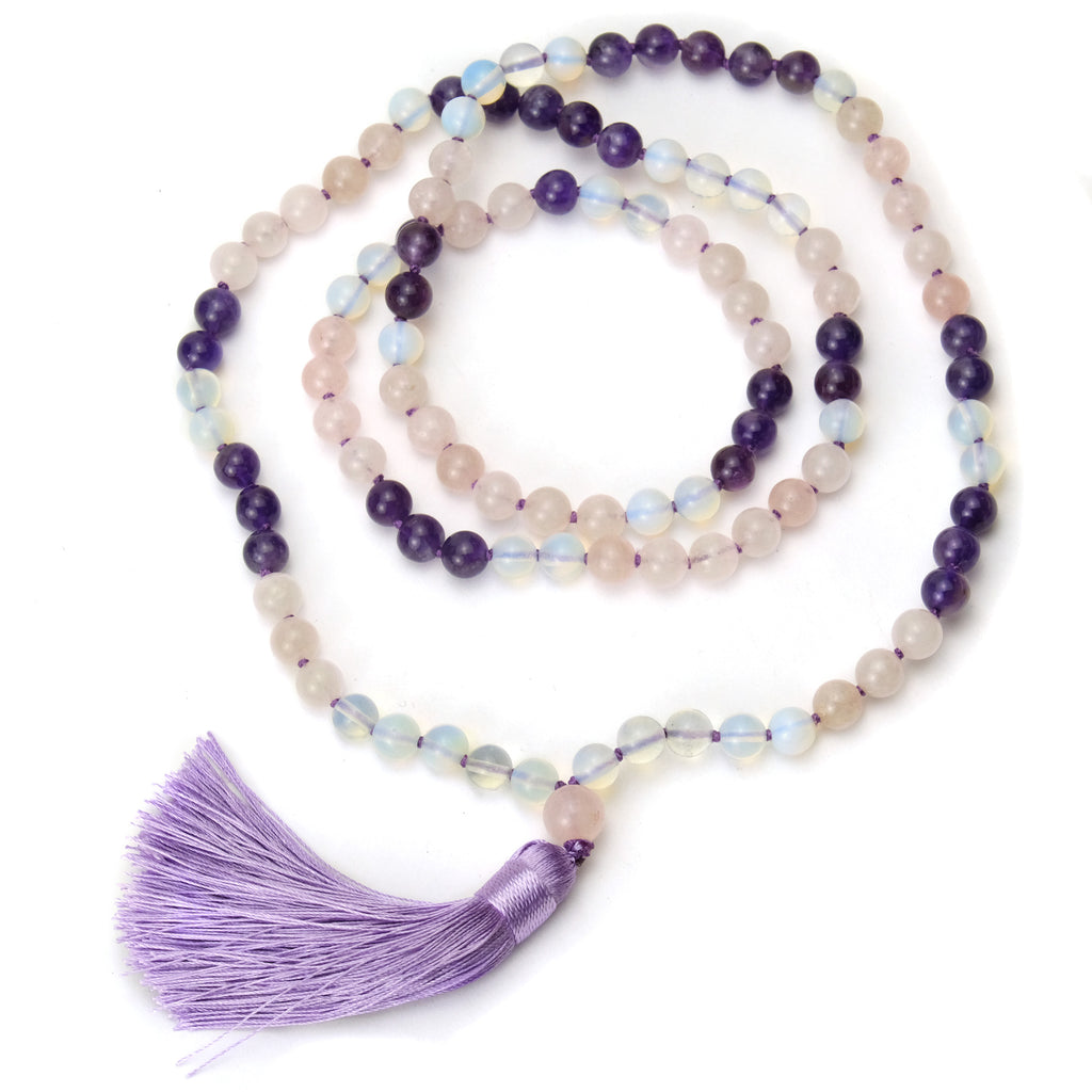 Rose Quartz, Opalite and Amethyst 8mm Knotted Mala with Silk Tassel #95