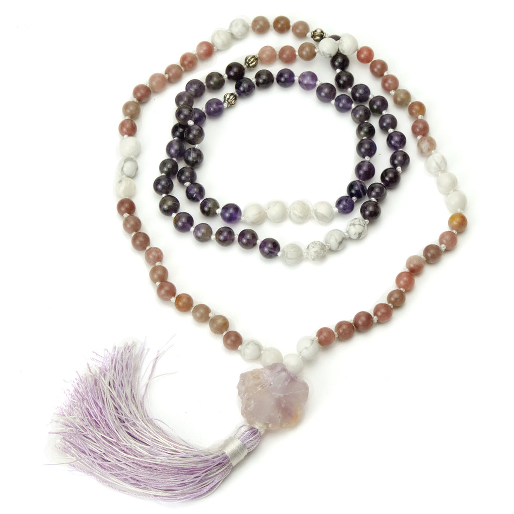 Amethyst, Howlite and Lepidolite 8mm Knotted Mala with Silk Tassel #86