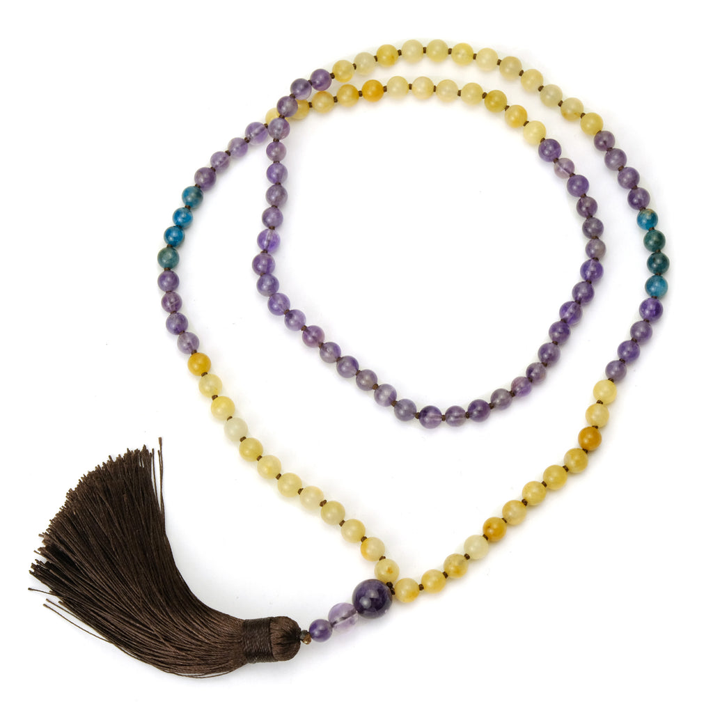 Gold Aventurine, Amethyst and Apalite 6mm Knotted Mala with Silk Tassel #101