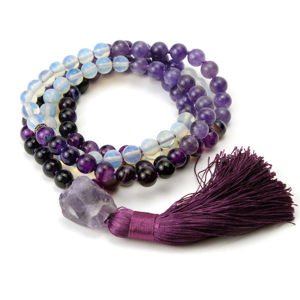Amethyst, Fluorite and Opalite 8mm Knotted Mala with Silk Tassel #98